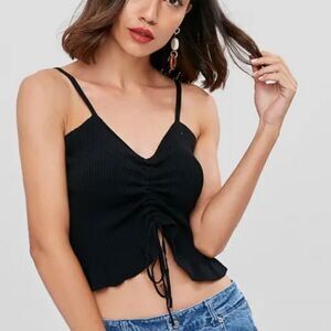 NWT YMI collection Sz M  Black Ribbed Ruched Drawstring Cami Crop Cropped Top